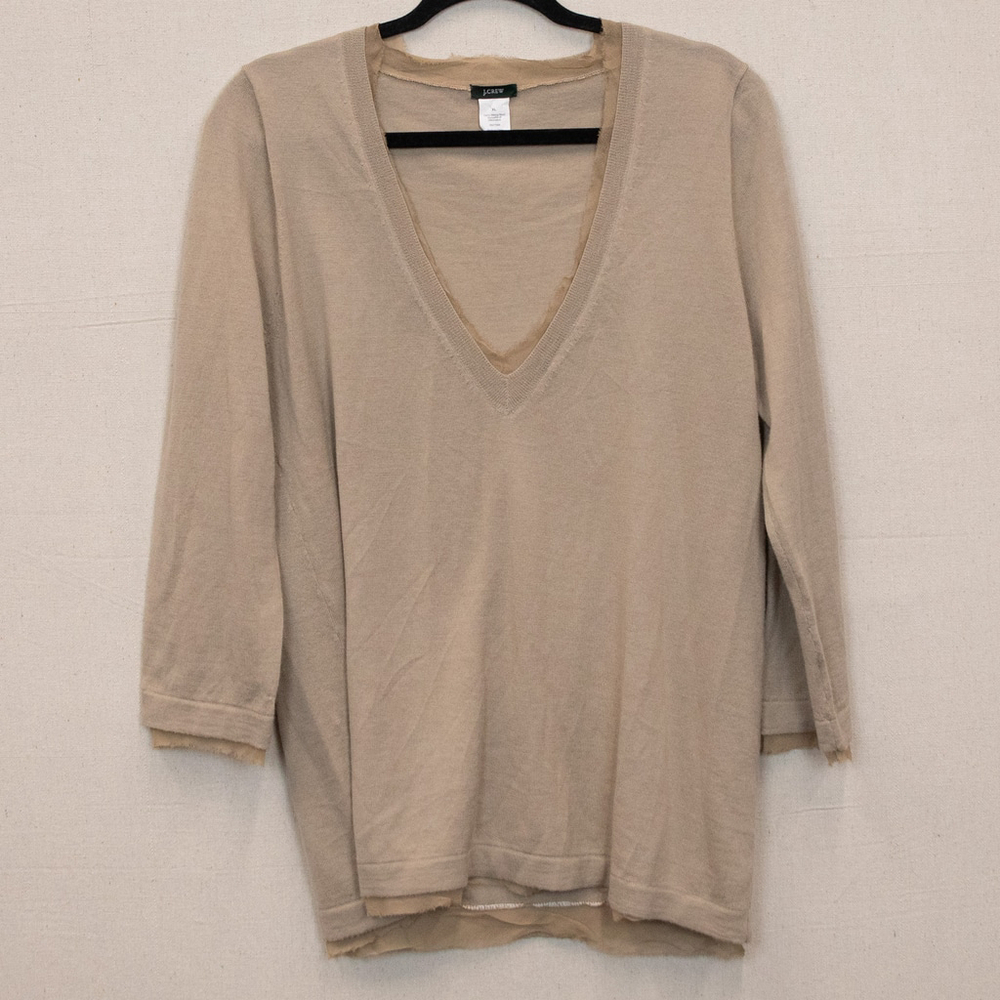 Y2K J. Crew merino wool v-neck 3/4 sleeve beige sweater-XL